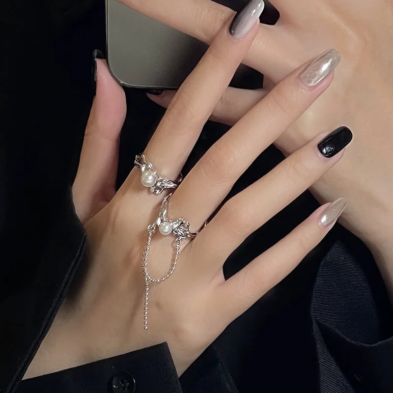 Gothic Irregular Tassel Moonstone Rings Y2K Lava Chain Star Opal Stone Ring Aesthetics Kpop Pearl Rings Set for Women Jewelry