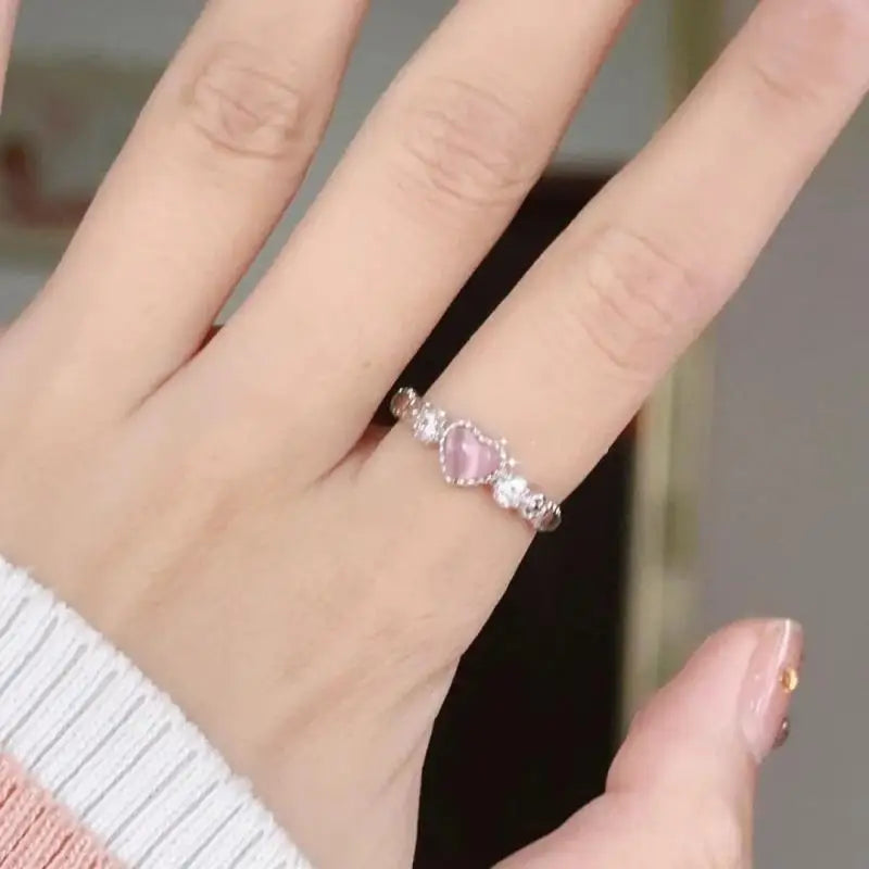 Trend Pink Love Heart Crystal Rings for Women Kpop Love Zircon Open Ring Irregular Grunge Aesthetic Egirl Rings Jewelry