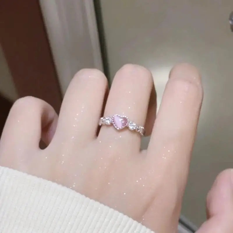 Trend Pink Love Heart Crystal Rings for Women Kpop Love Zircon Open Ring Irregular Grunge Aesthetic Egirl Rings Jewelry